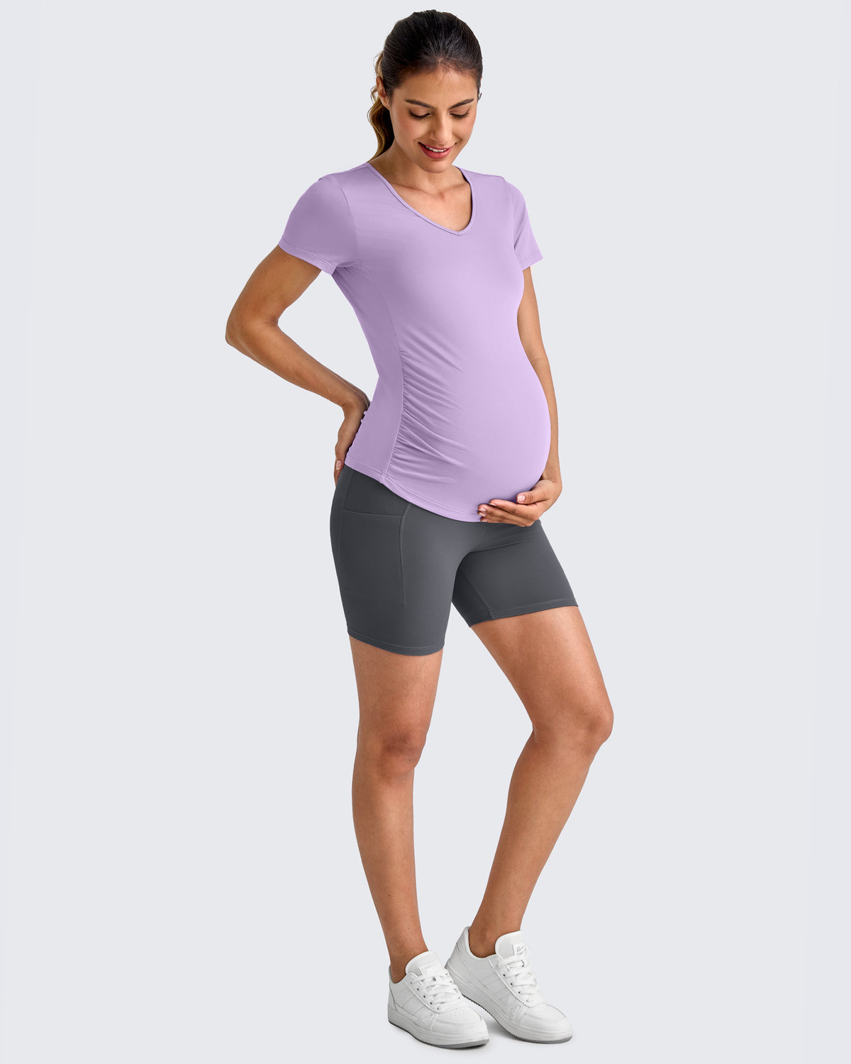 G4Free Activewear - Lightweight V Neck Side Ruched Maternity Short Sleeve -GF25KY453BA-S-GF25KY453BB-M-GF25KY453BC-L-GF25KY453BD-XL-GF25KY453BE-XXL