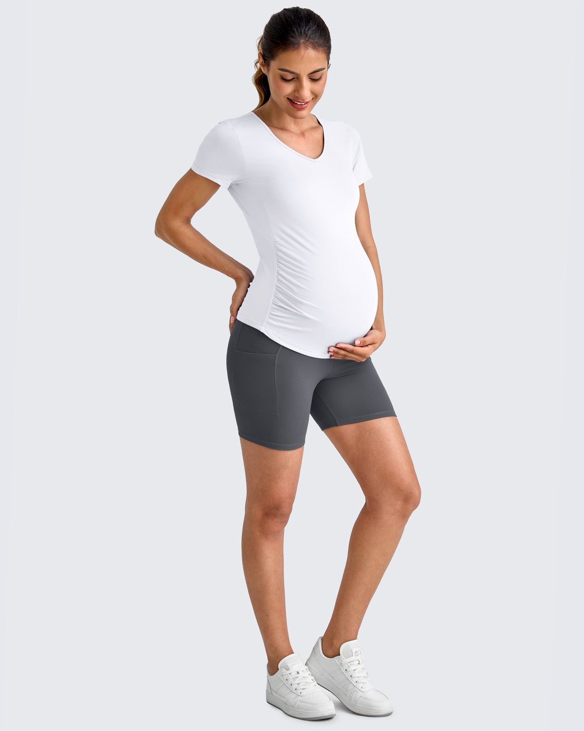 G4Free Activewear - Lightweight V Neck Side Ruched Maternity Short Sleeve -GF25KY453BA-S-GF25KY453BB-M-GF25KY453BC-L-GF25KY453BD-XL-GF25KY453BE-XXL