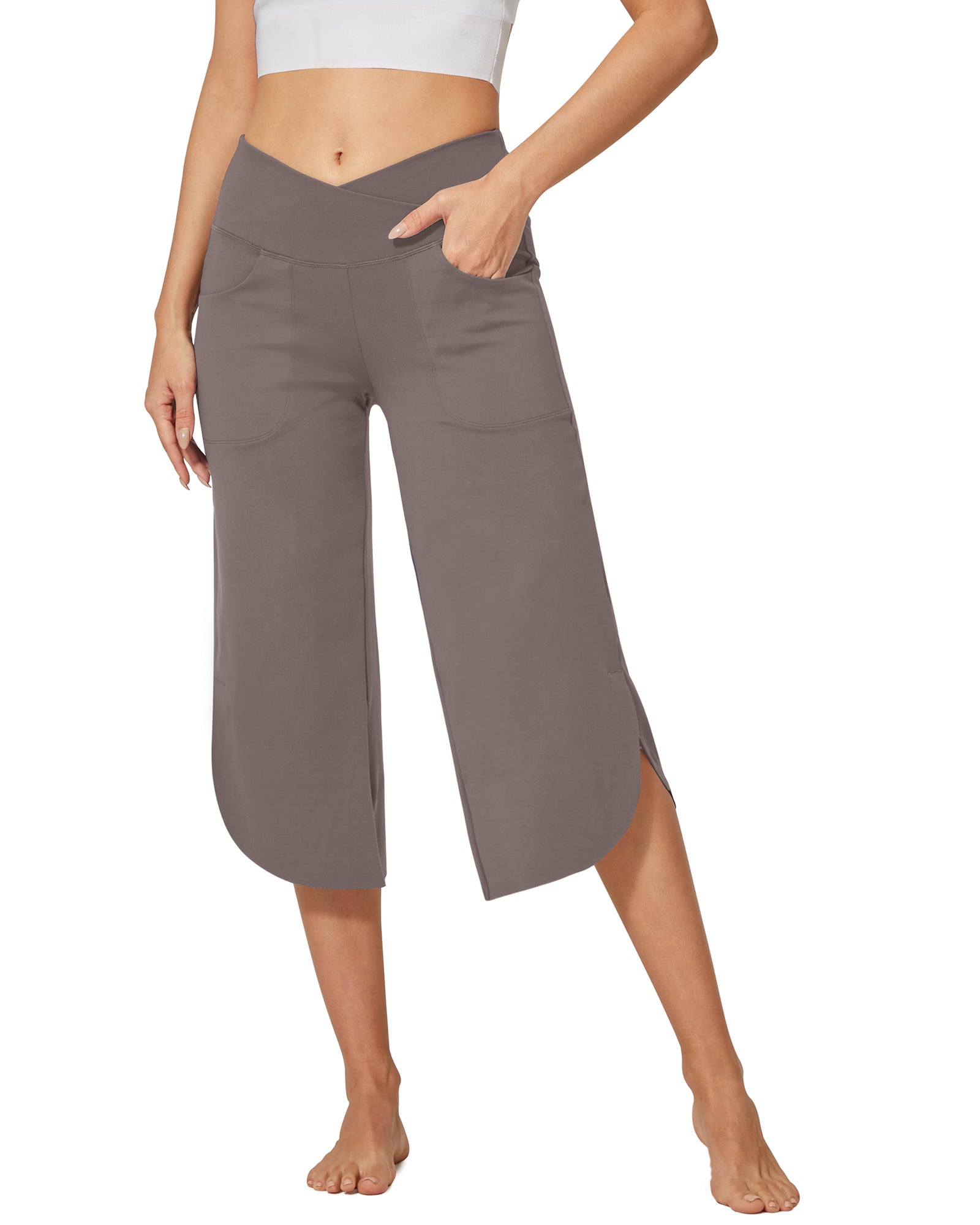 G4Free Activewear Wide Leg High-Waisted Crossover Capri Work Pants 21 # Taupe