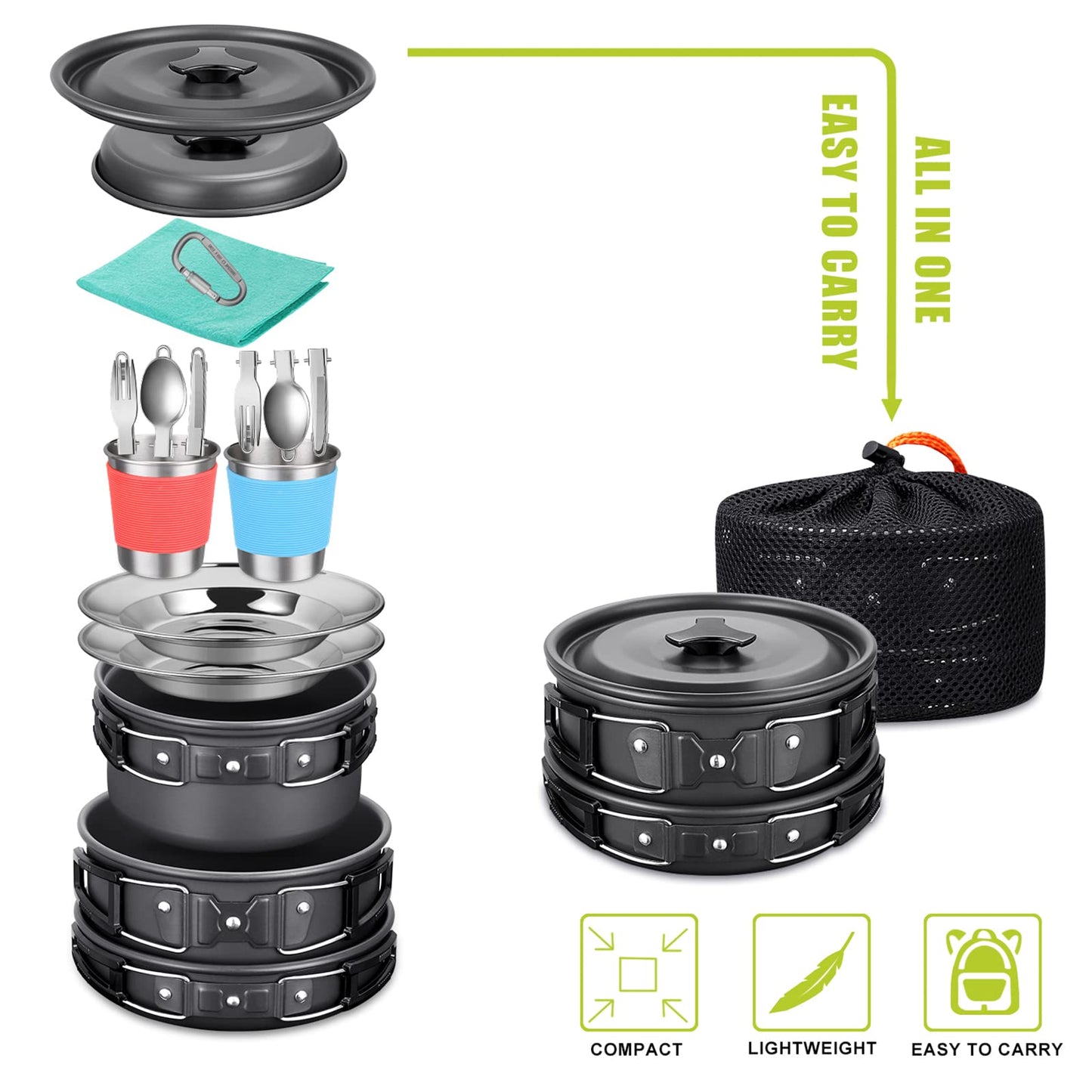 G4Free 21pcs Camping Cookware Mess Kit