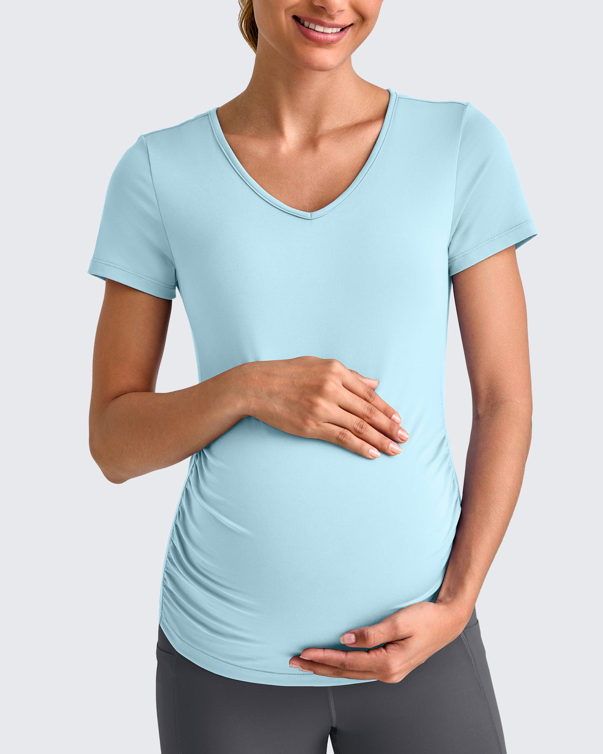 G4Free Activewear - Lightweight V Neck Side Ruched Maternity Short Sleeve -GF25KY453BA-S-GF25KY453BB-M-GF25KY453BC-L-GF25KY453BD-XL-GF25KY453BE-XXL