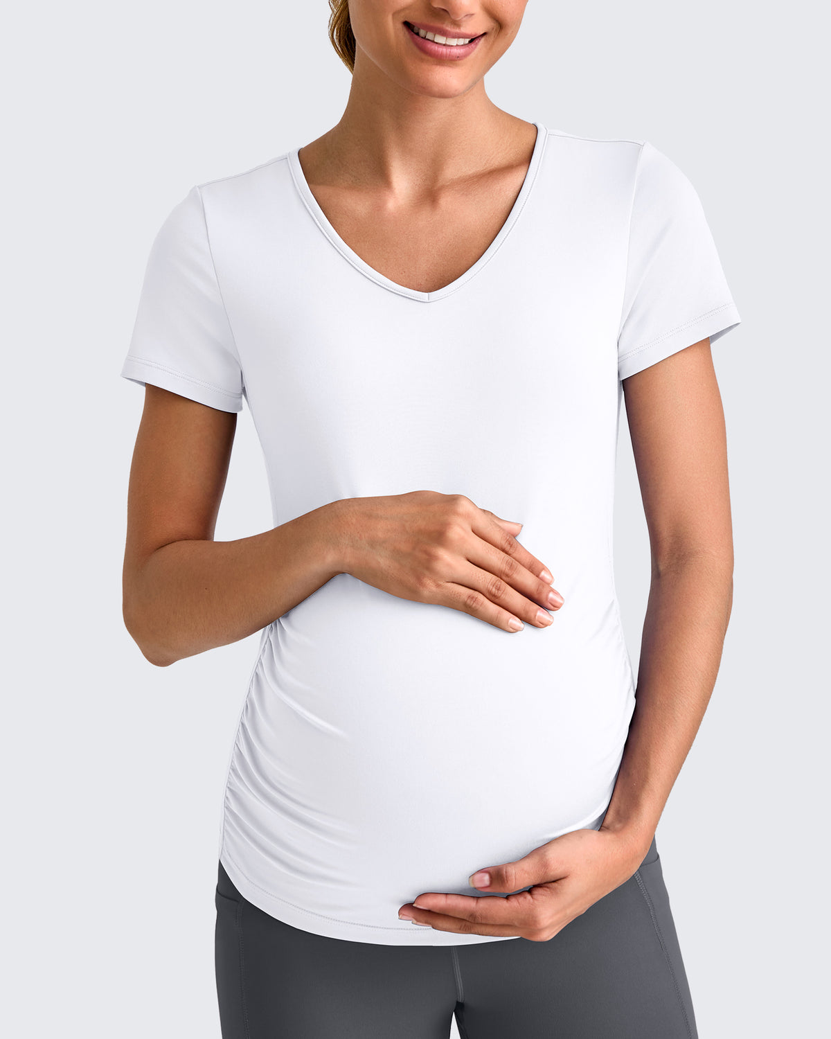 G4Free Activewear - Lightweight V Neck Side Ruched Maternity Short Sleeve -GF25KY453BA-S-GF25KY453BB-M-GF25KY453BC-L-GF25KY453BD-XL-GF25KY453BE-XXL
