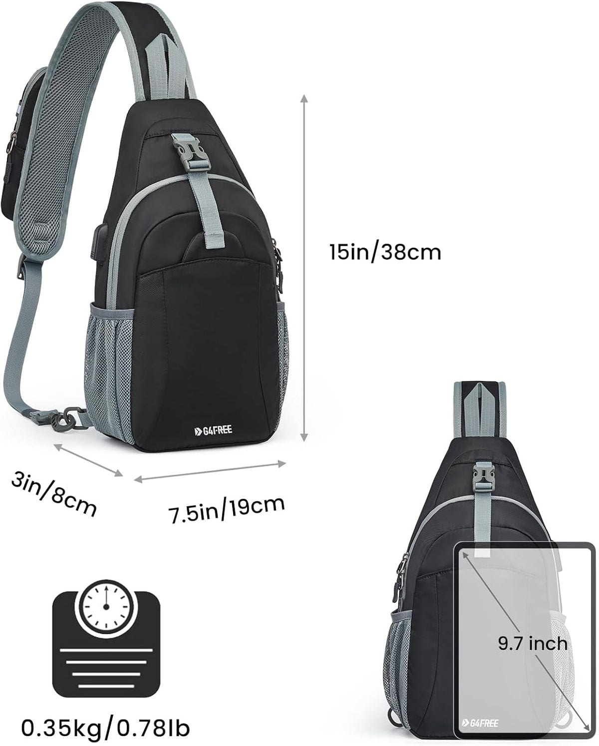 G4Free Activewear - G4Free RFID Crossbody Sling Backpack with USB Charging Port -TN23B273A-TN23B273H-TN23B273E-TN23B273C-TN23B273B