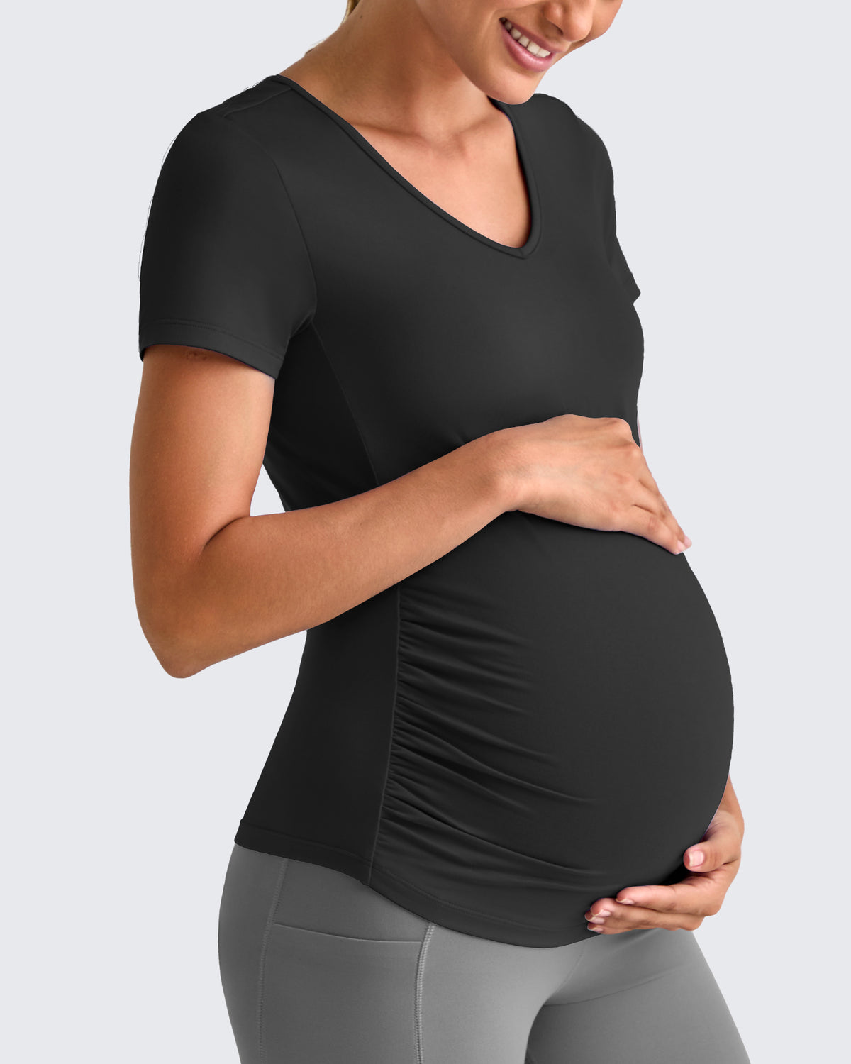 G4Free Activewear - Lightweight V Neck Side Ruched Maternity Short Sleeve -GF25KY453BA-S-GF25KY453BB-M-GF25KY453BC-L-GF25KY453BD-XL-GF25KY453BE-XXL