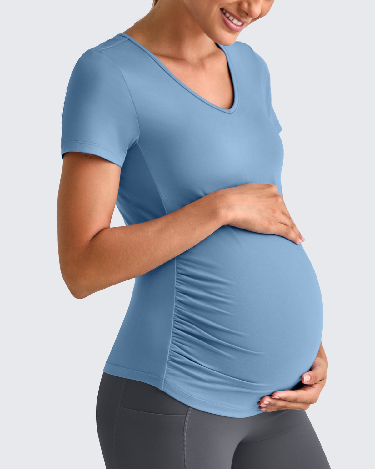 G4Free Activewear - Lightweight V Neck Side Ruched Maternity Short Sleeve -GF25KY453BA-S-GF25KY453BB-M-GF25KY453BC-L-GF25KY453BD-XL-GF25KY453BE-XXL
