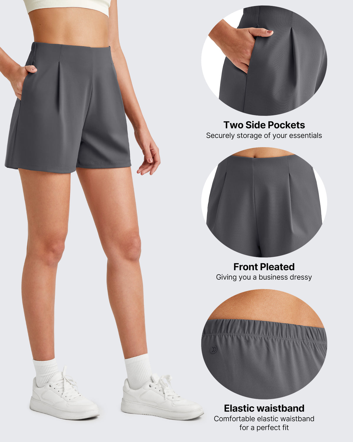 G4Free Activewear - Bizcasual High-Rise Pleated Work Shorts 5'' -GF25E395FA-S-GF25E395FB-M-GF25E395FC-L-GF25E395FD-XL-GF25E395FE-XXL
