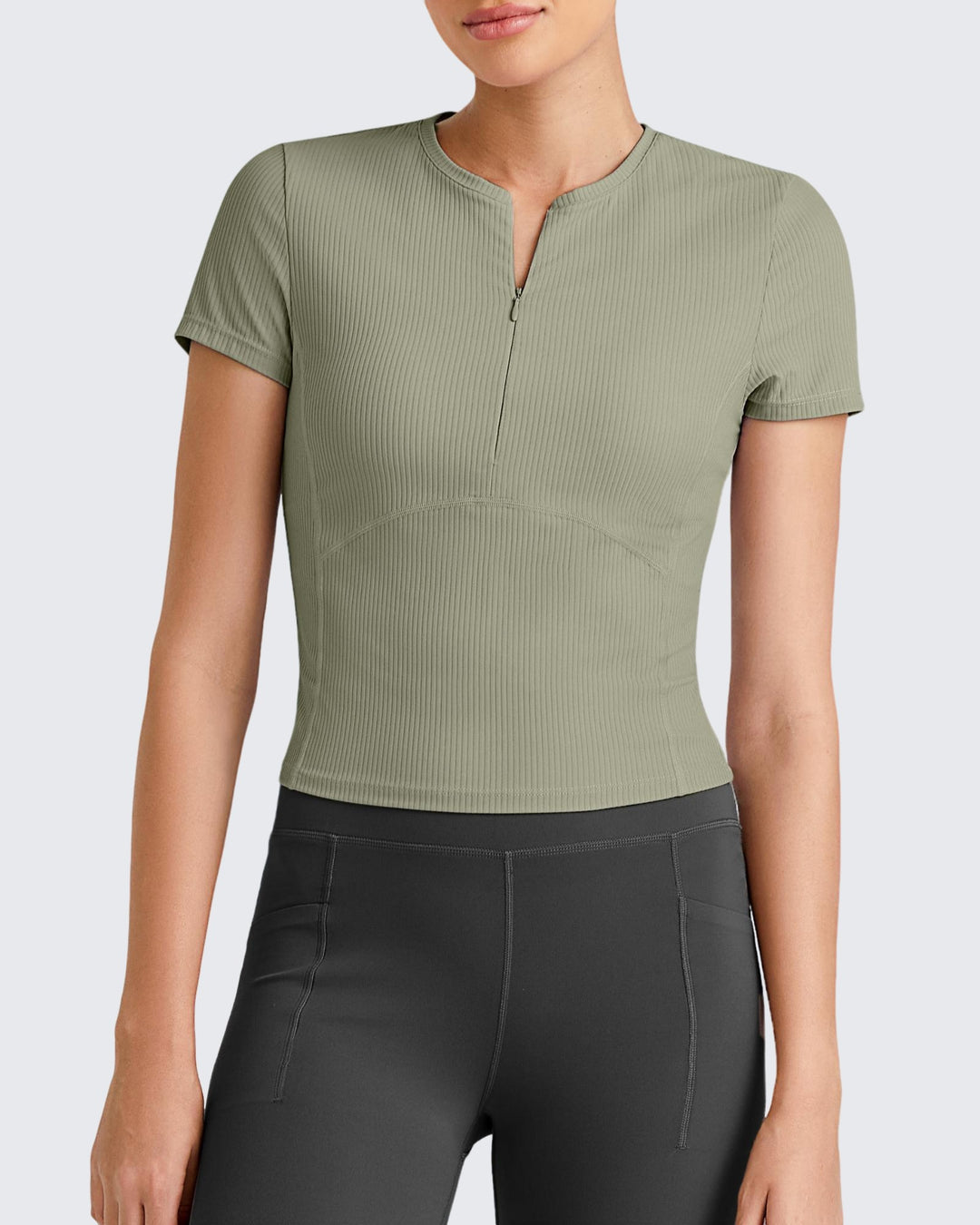 G4Free Activewear Ribbed Half Zip Slim Work Out Short Sleeve