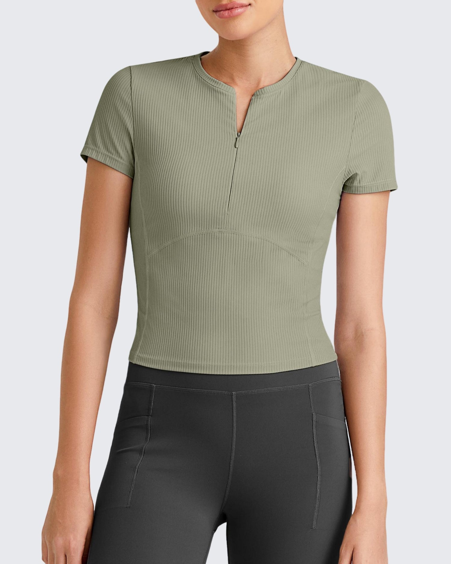 G4free Ribbed Half Zip Slim Work Out Short Sleeve
