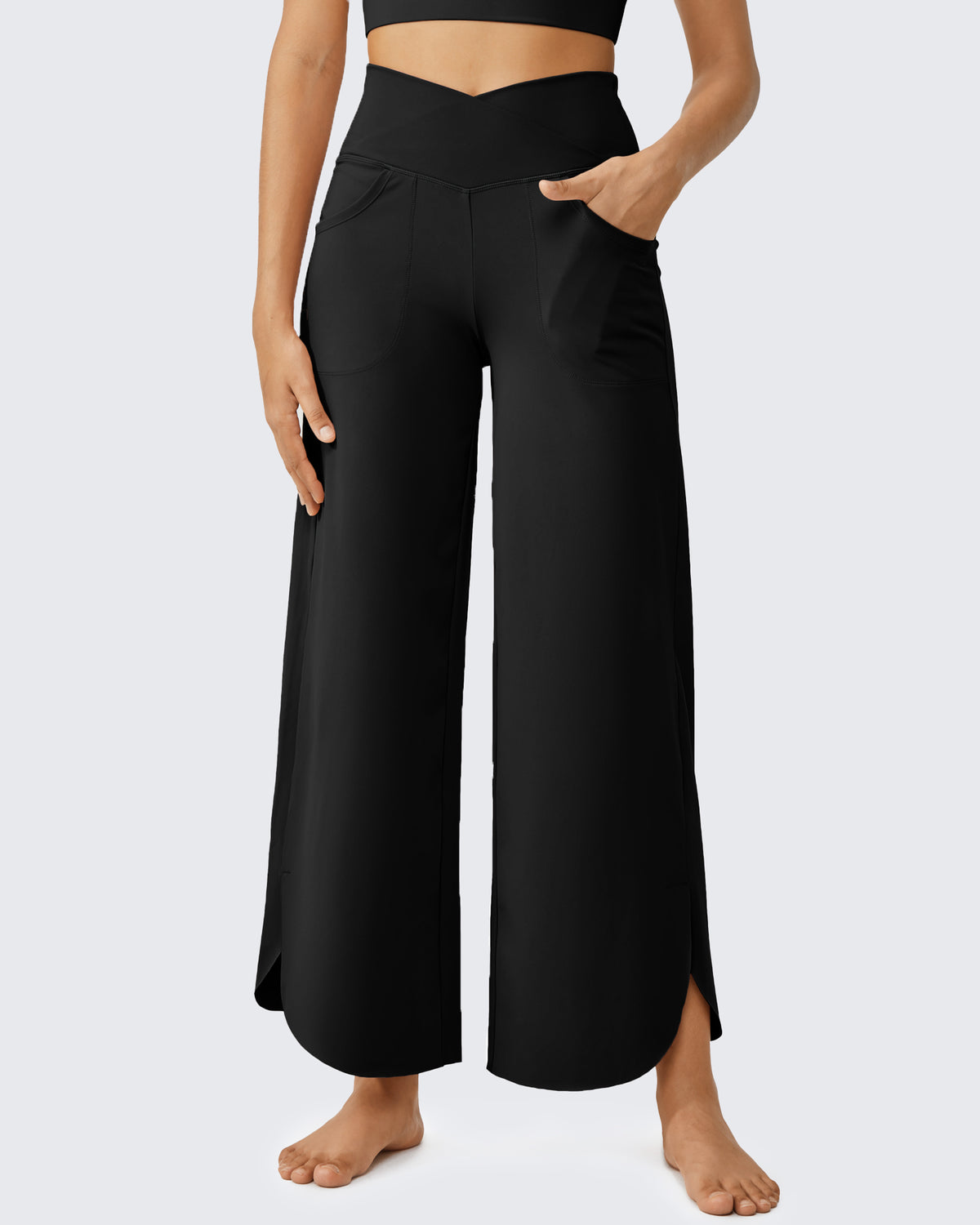 G4Free Activewear - Wide Leg Cross High-Waist Capri Pants 29 -GF24J196AA-S-GF24J196AB-M-GF24J196AC-L-GF24J196AD-XL-GF24J196AE-XXL