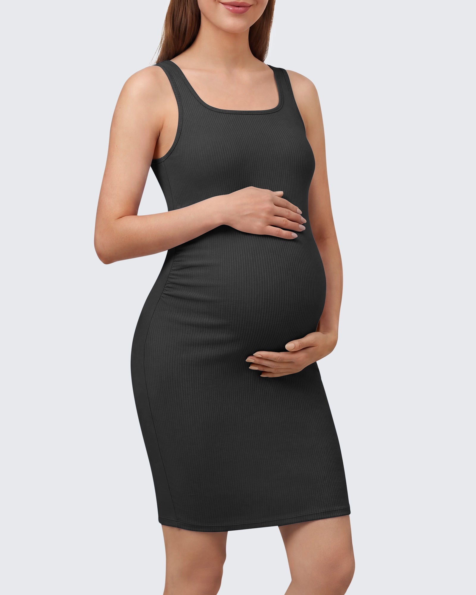 G4Free Ribbed Maternity Dress – Square Neck A-Line Knee Length Gray / S
