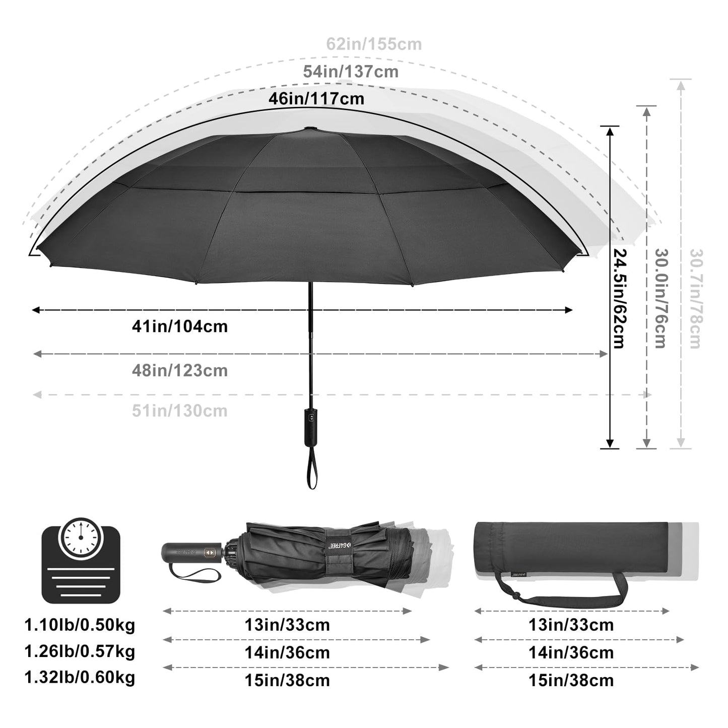 G4Free 46/54/62 Inch Large Compact Golf Umbrella Windproof 10 Ribs