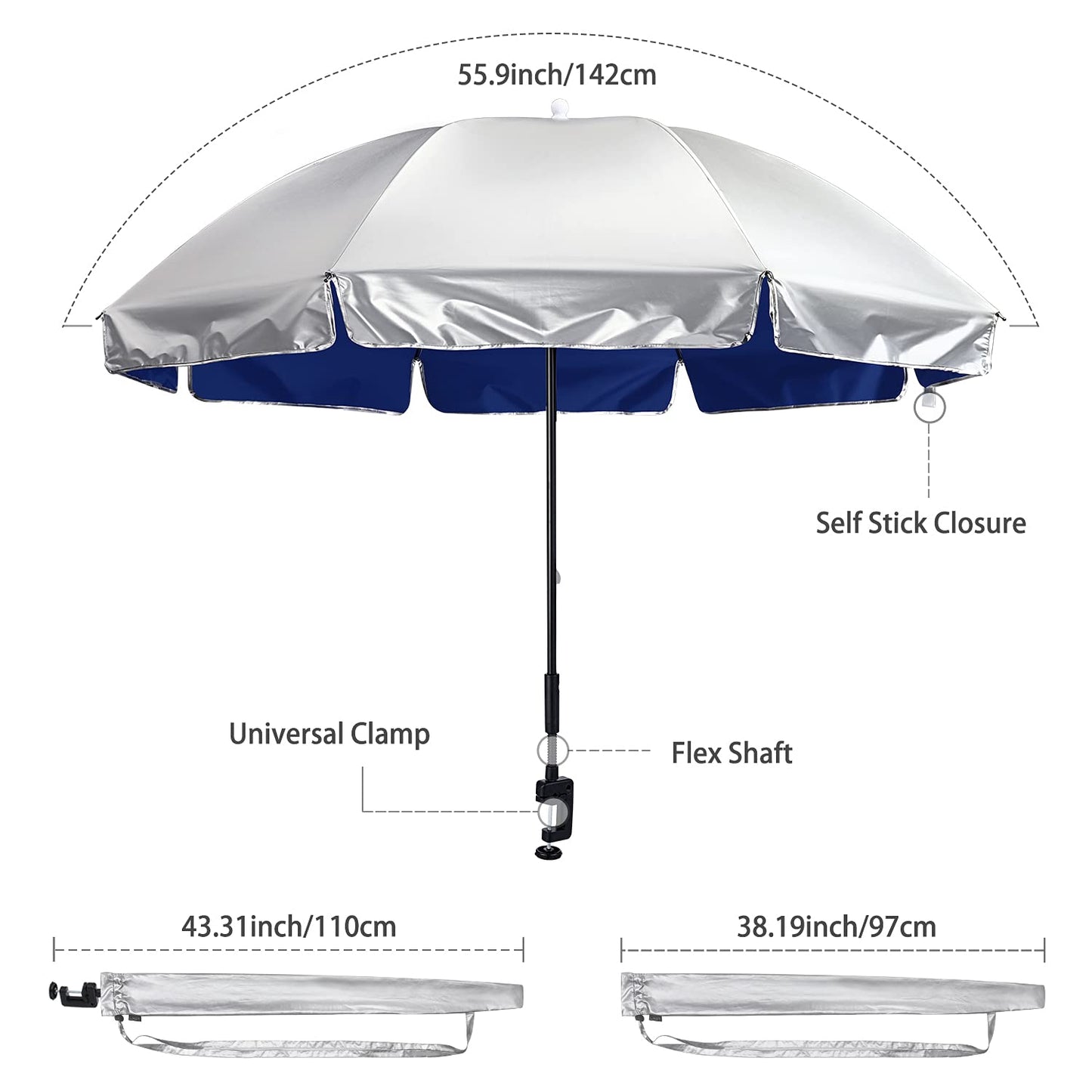 G4Free Universal Clamp On Umbrella Adjustable Outdoor UV Protection Beach Chair Umbrella