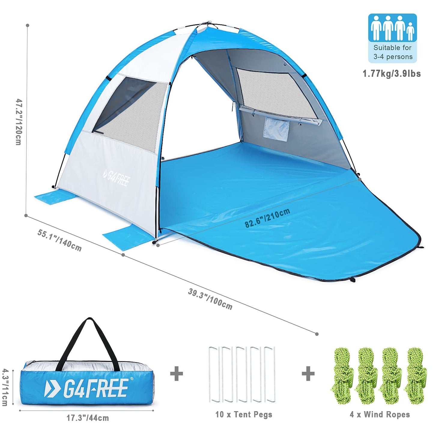 G4Free Large Pop up Beach Tent for 3-4 Person