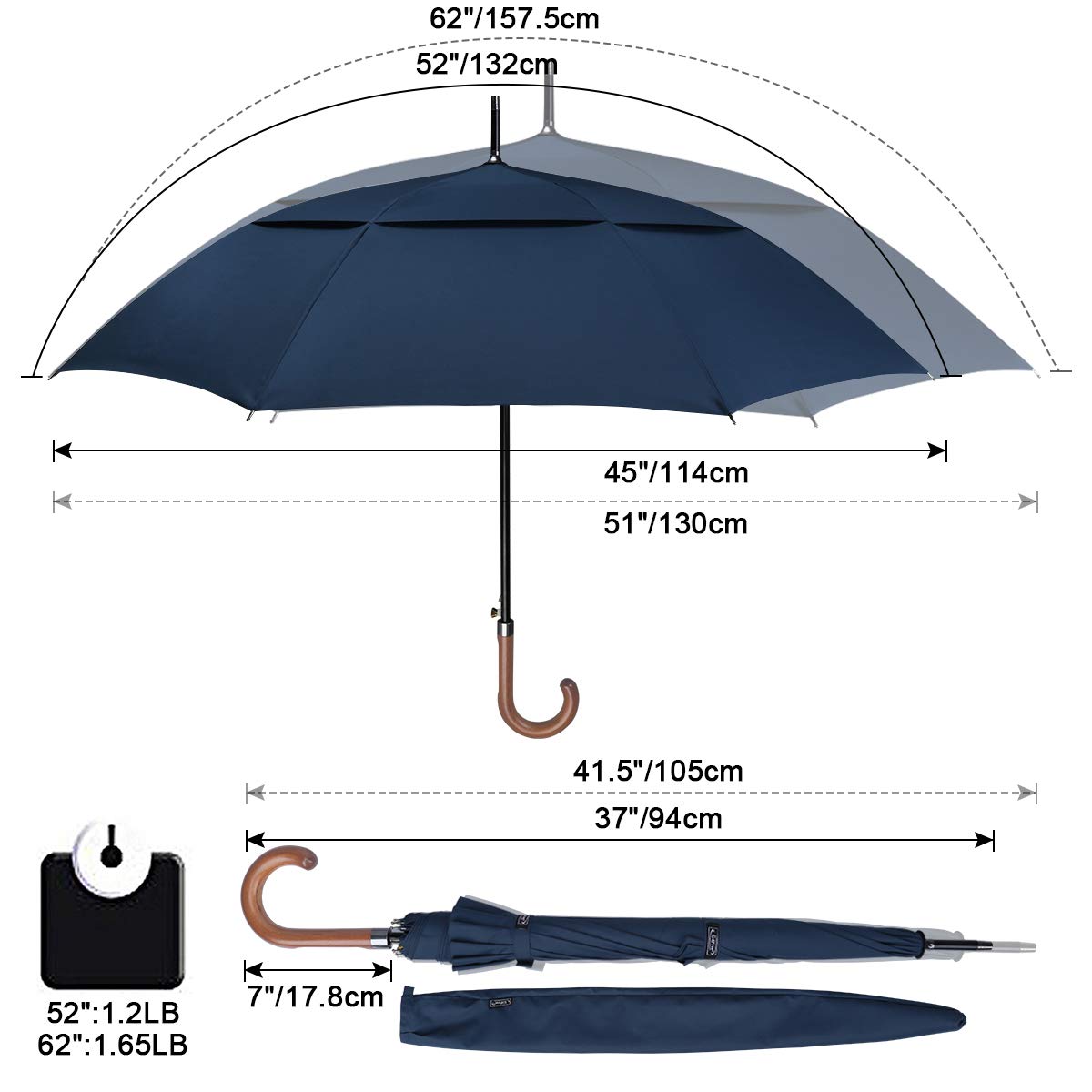 G4Free 52/62inch Wooden J Handle Auto Open Golf Umbrella