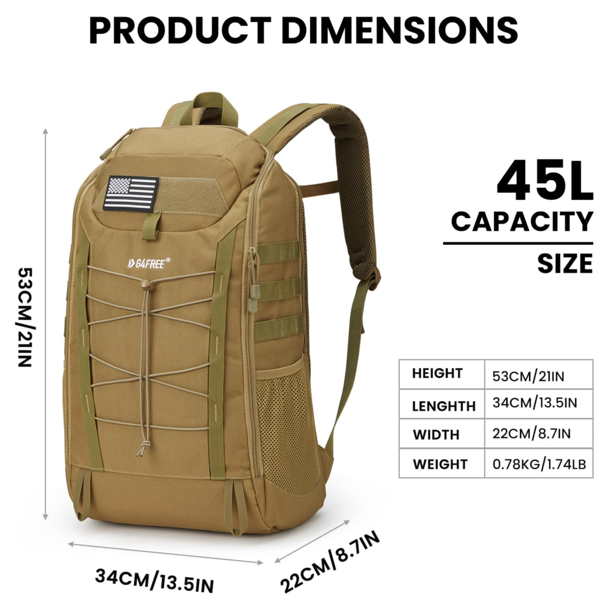 G4Free Activewear - G4Free 45L Military Tactical Backpack -TN23B193A-TN23B193C-TN23B193B