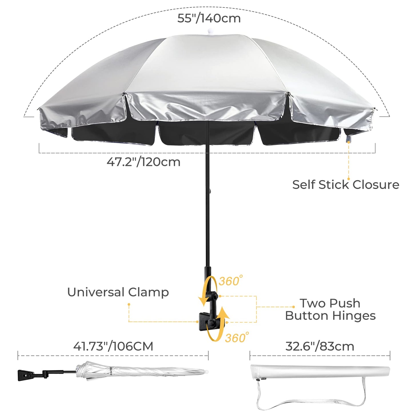 G4Free Universal Clamp On Umbrella Adjustable Outdoor UV Protection Beach Chair Umbrella