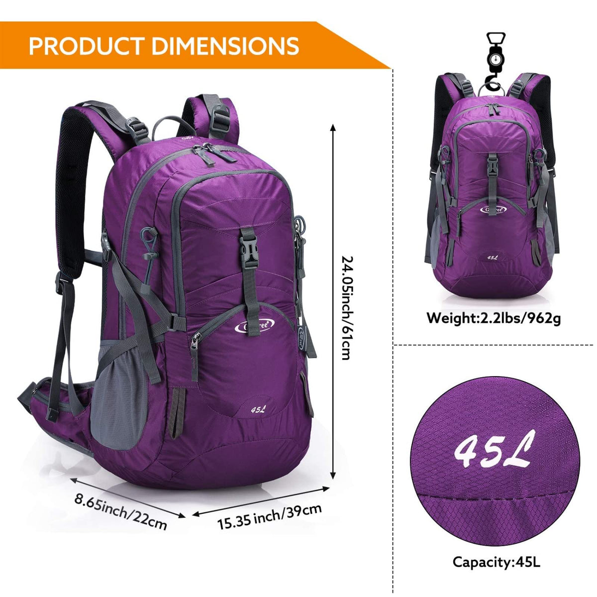 G4Free Activewear - G4Free 45L Waterproof Hiking Travel Backpack with Rain Cover -D02V648A-D02V648B-D02V648C-D02V648D