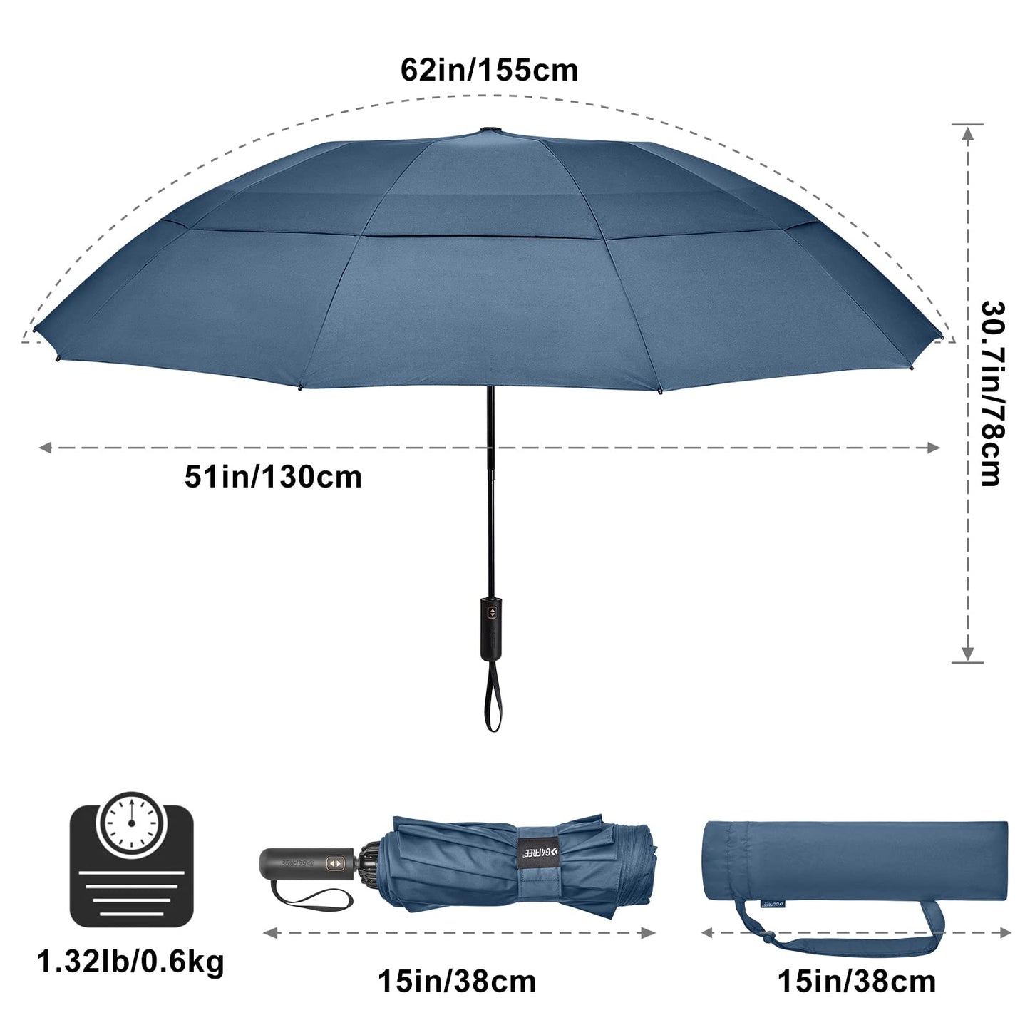 G4Free 62 Inch Large 10 Ribs Compact Reverse Windproof Umbrella