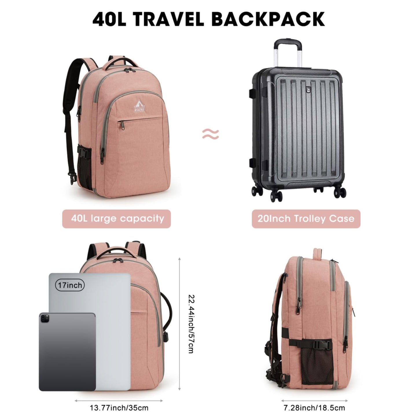 G4Free 40l Carry On Waterproof Travel Backpack For Women Men