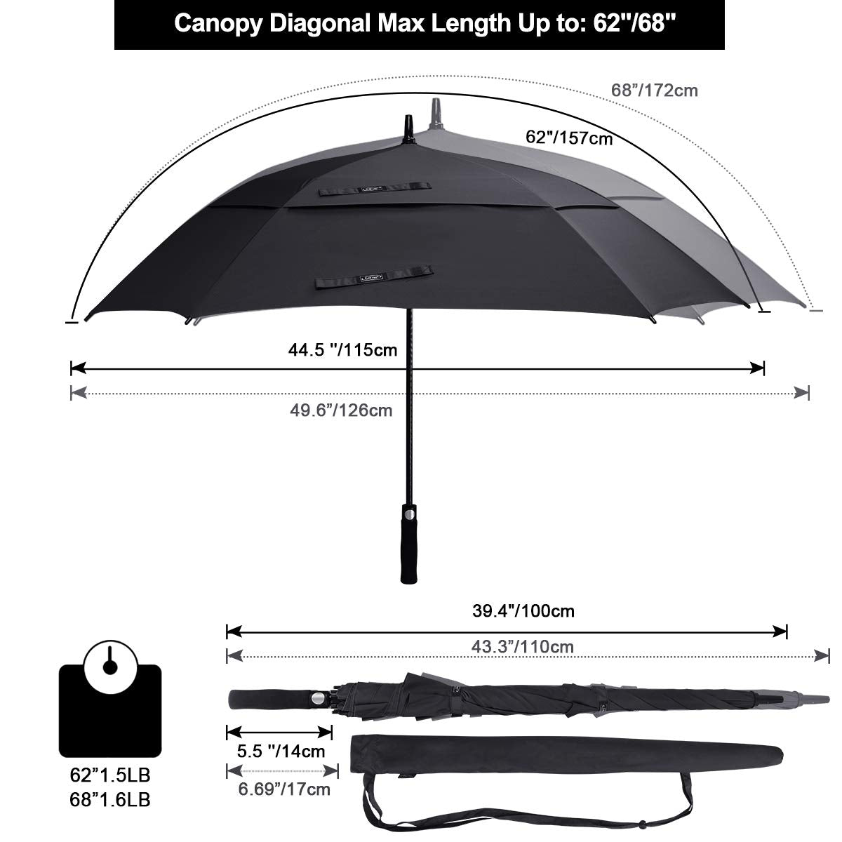 G4Free Extra Large Golf Umbrella 62/68 inch Vented Square Umbrella