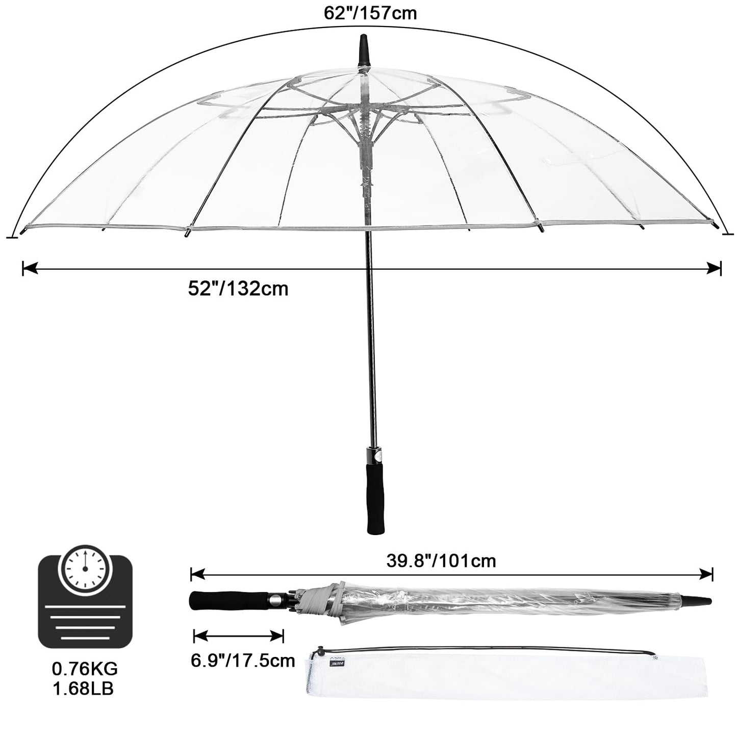 G4Free 62 Inch Clear Golf Umbrella Transparent Auto Open Large Stick Umbrella