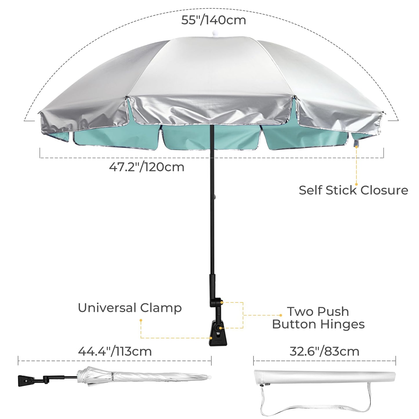 G4Free Universal Clamp On Umbrella Adjustable Outdoor UV Protection Beach Chair Umbrella