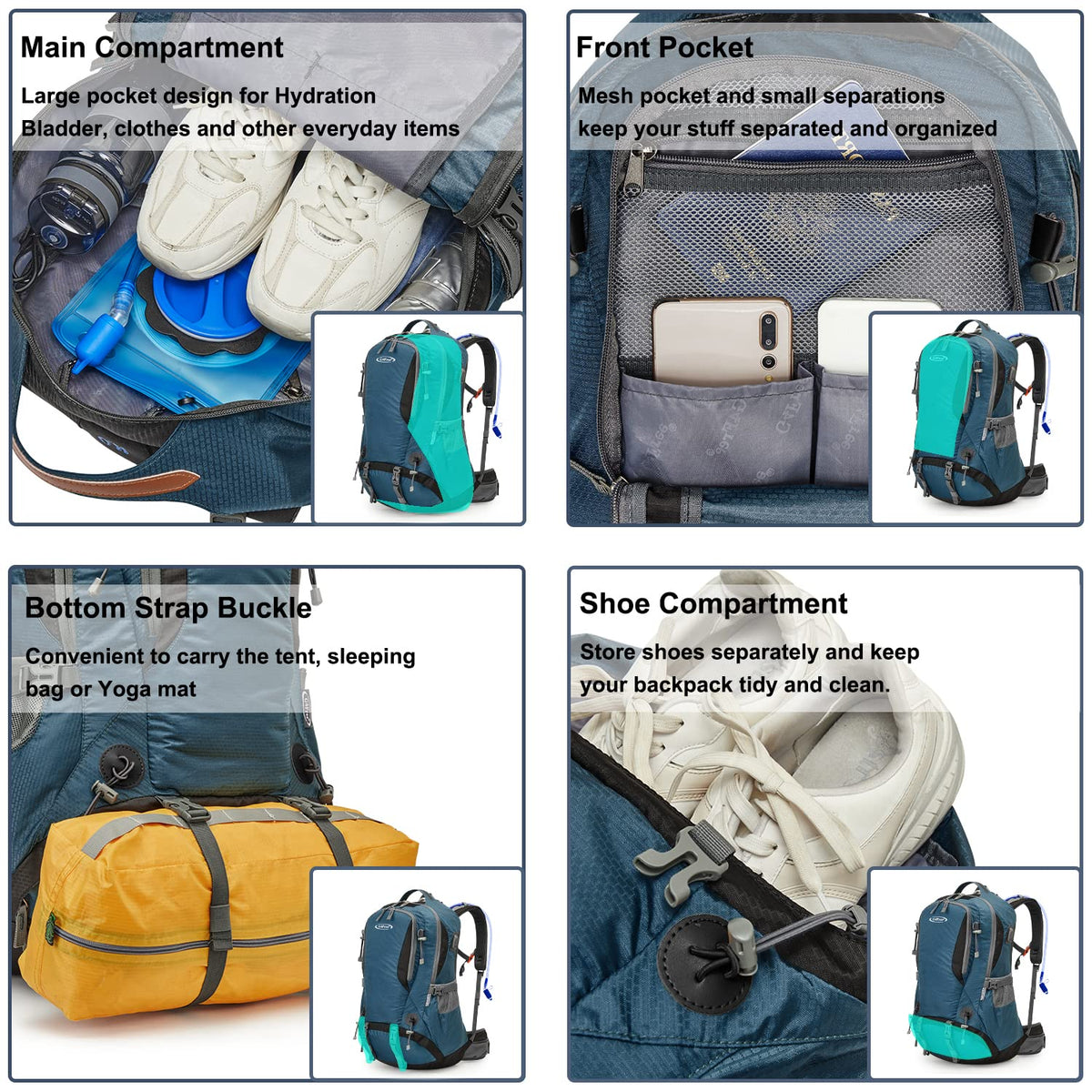 G4Free Activewear - G4Free 50L Waterproof Daypack with 2L BPA Free Bladder & Rain Cover -TN21B001A-TN21B001B-TN21B001F