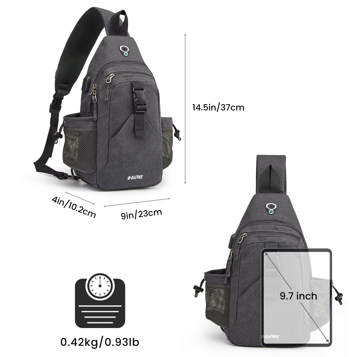 G4Free G4Free Canvas Sling Bag Crossbody Backpack with USB Charging Port & RFID Blocking