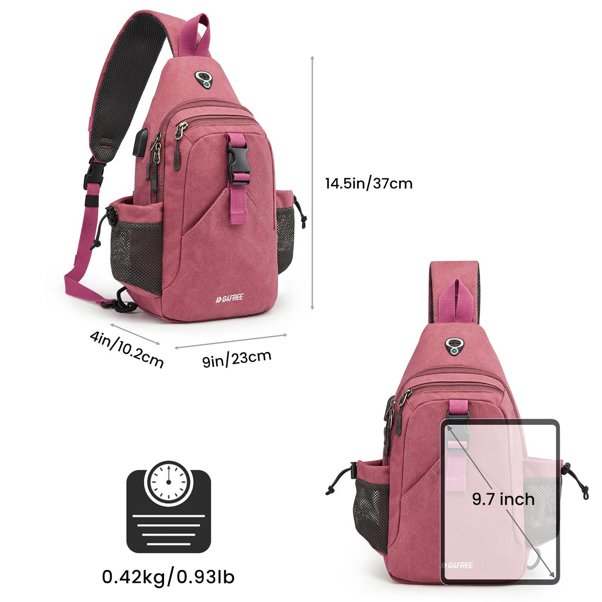 G4Free Activewear - G4Free Anti-Theft Canvas Sling Bag with USB Port -TN22B159A-TN22B159F-TN22B159E-TN22B159D-TN22B159C