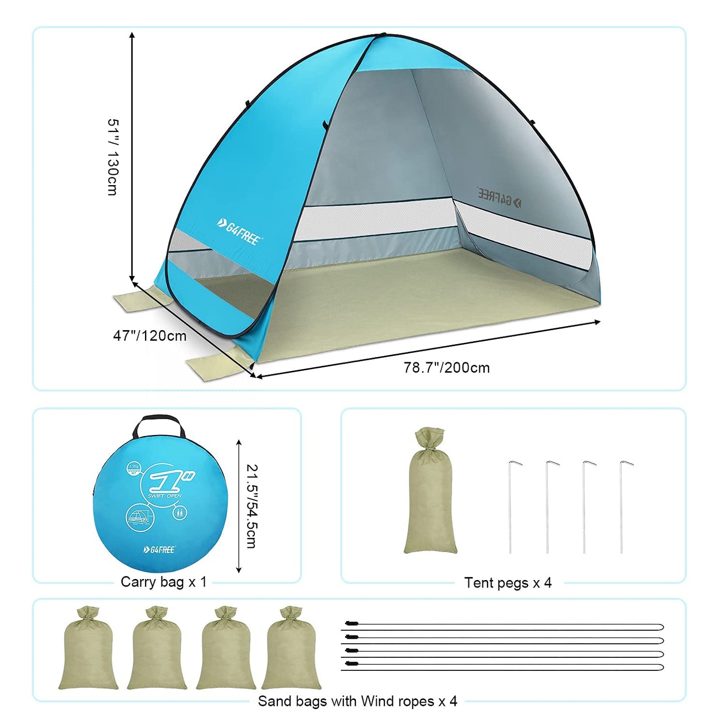 G4Free Large Pop up Beach Tent for 3-4 Person