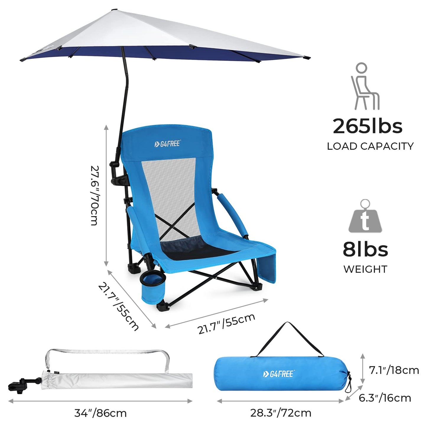 G4Free Beach Chair with UPF 50+ Adjustable Beach Umbrella