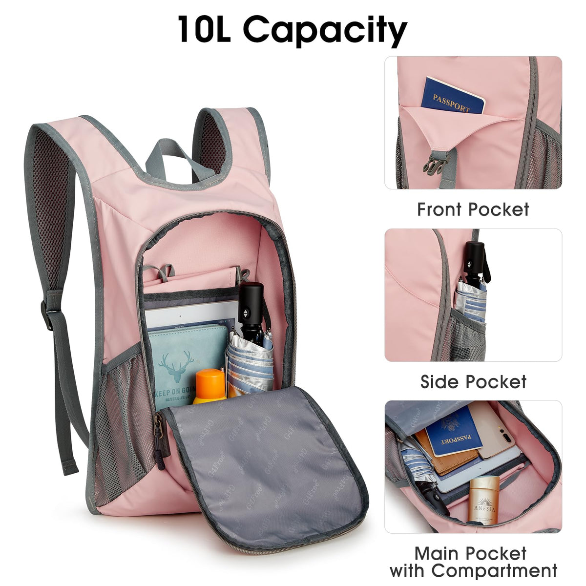 G4Free Activewear - G4Free 10L Lightweight Small Hiking Backpack -TN23B228A-TN23B228C-TN23B228B
