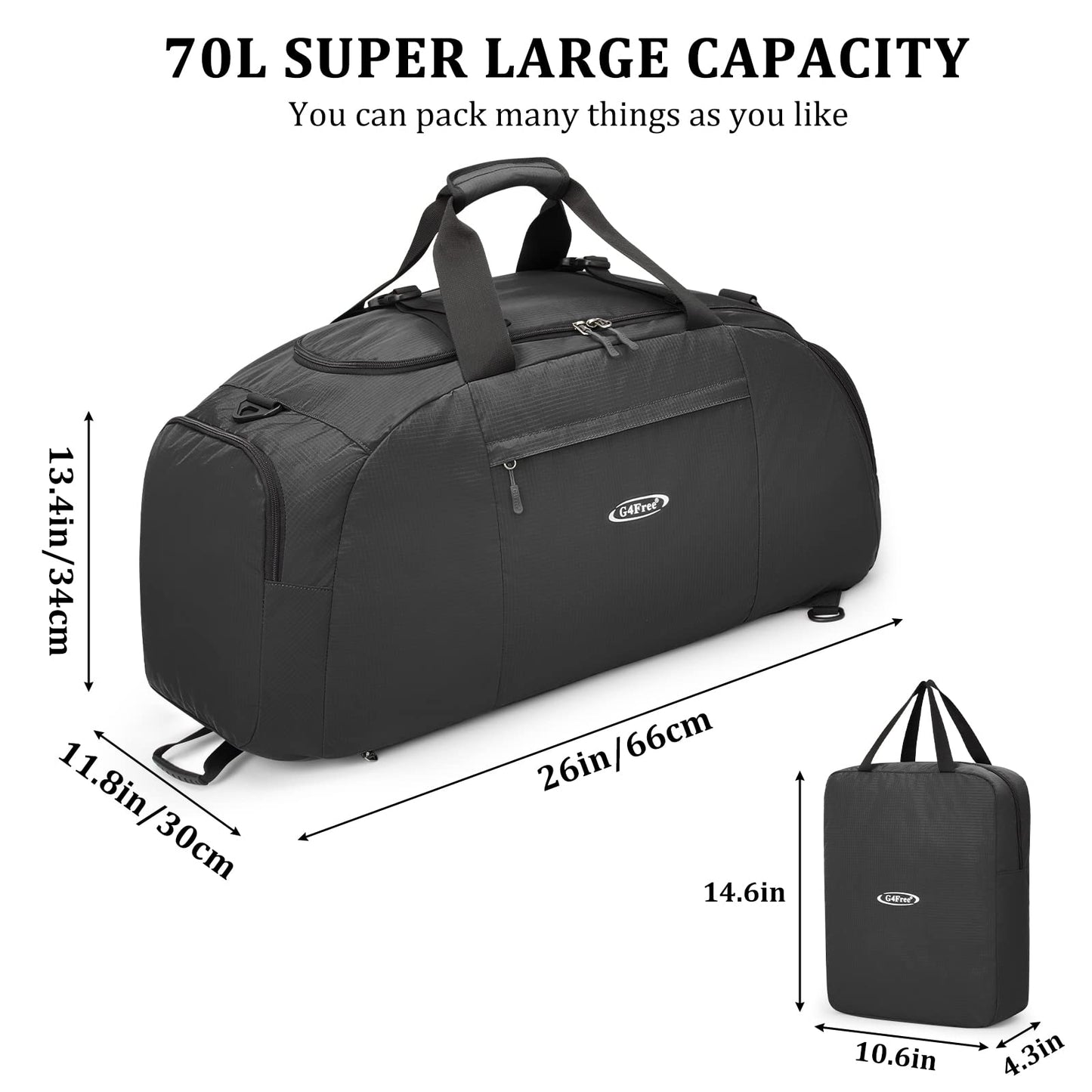 G4Free 70L Large 3-Way Duffle Backpack Gym Bag with Shoe Compartment