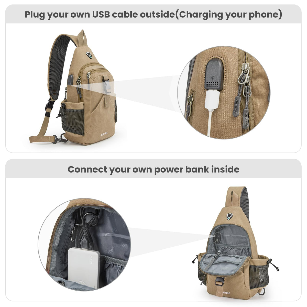 G4Free Activewear - G4Free Anti-Theft Canvas Sling Bag with USB Port -TN22B159A-TN22B159F-TN22B159E-TN22B159D-TN22B159C