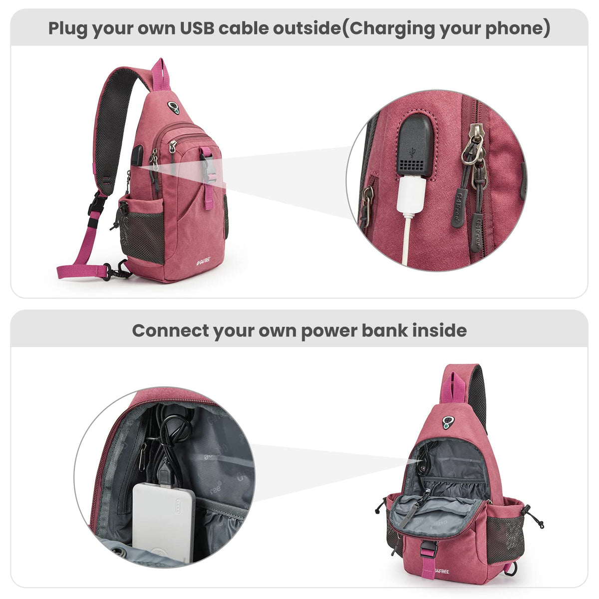 G4Free G4Free Canvas Sling Bag Crossbody Backpack with USB Charging Port & RFID Blocking