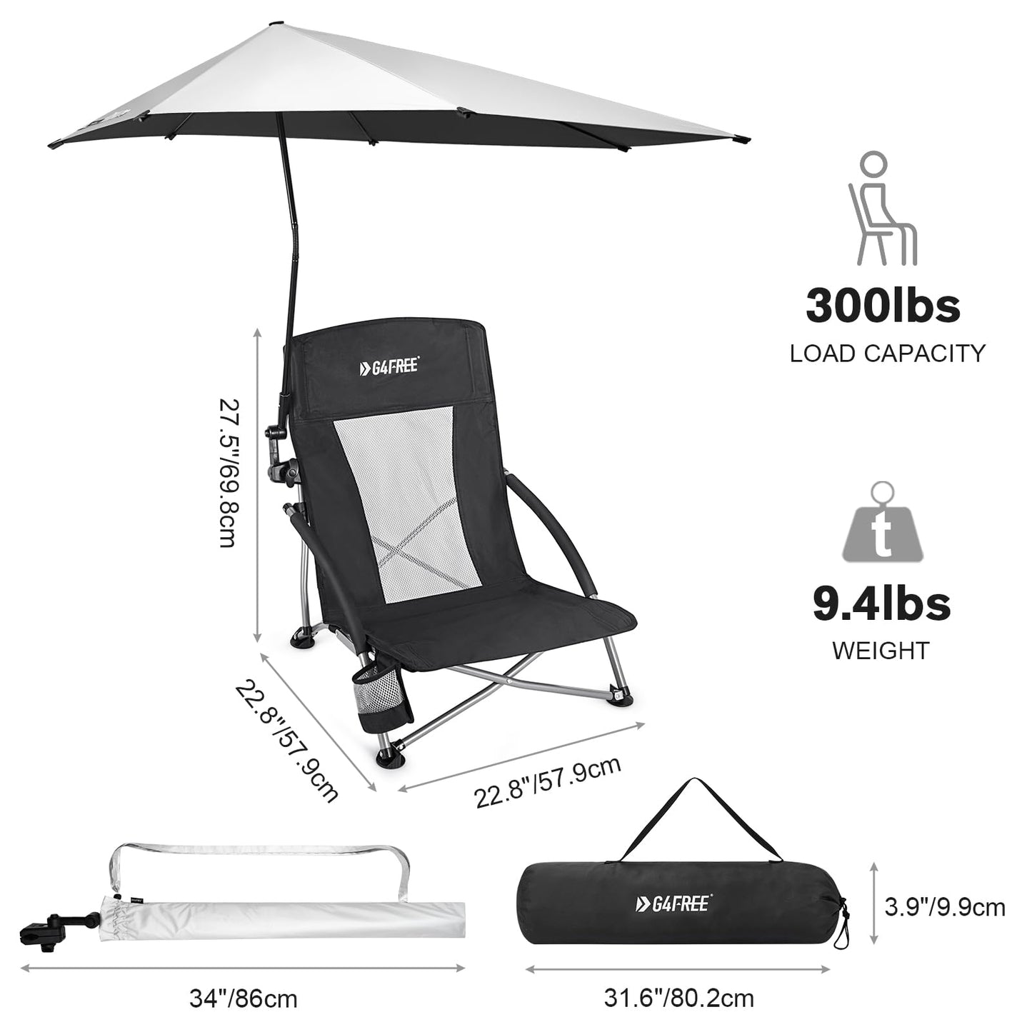 G4Free Beach Chair with UPF 50+ Adjustable Beach Umbrella