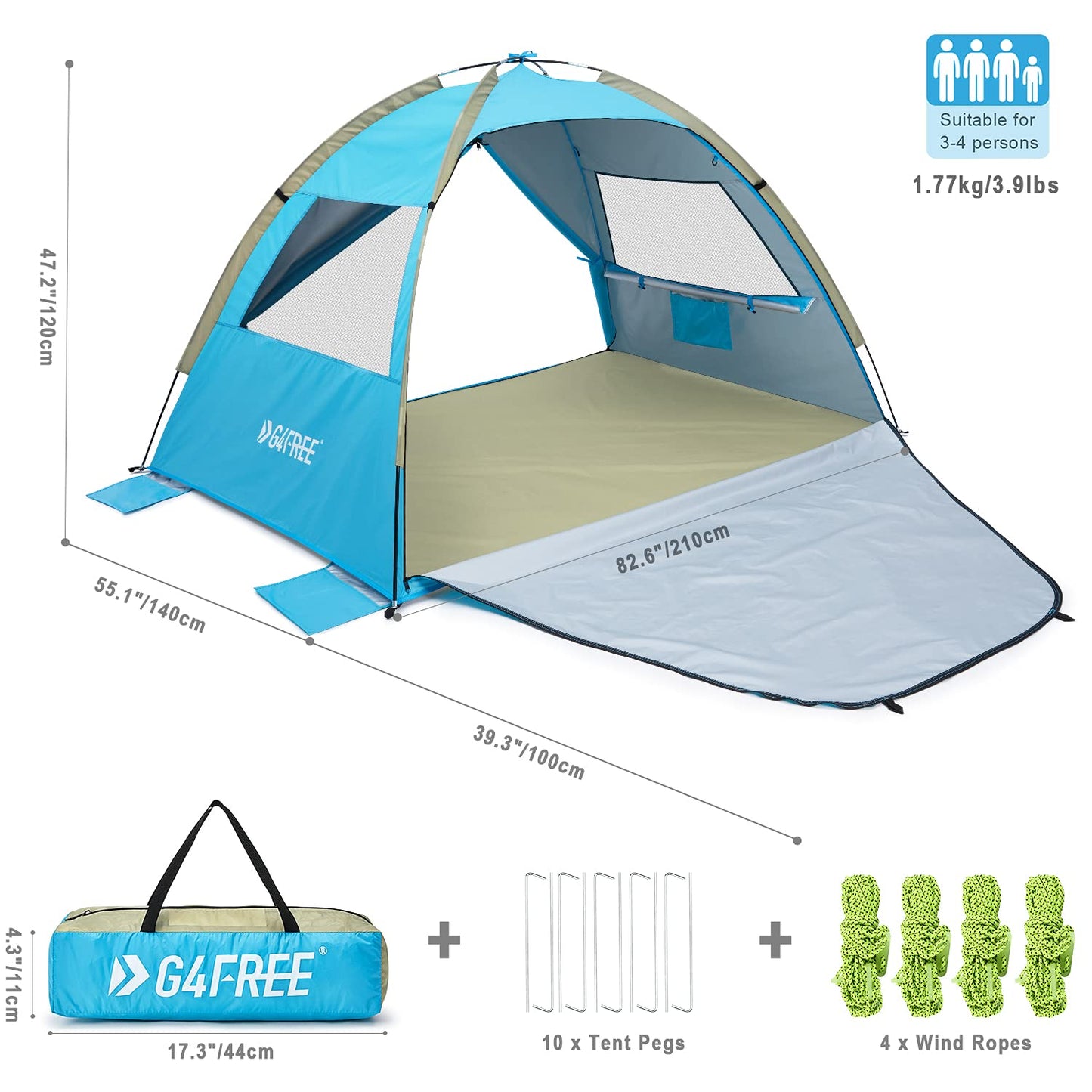 G4Free Large Pop up Beach Tent for 3-4 Person