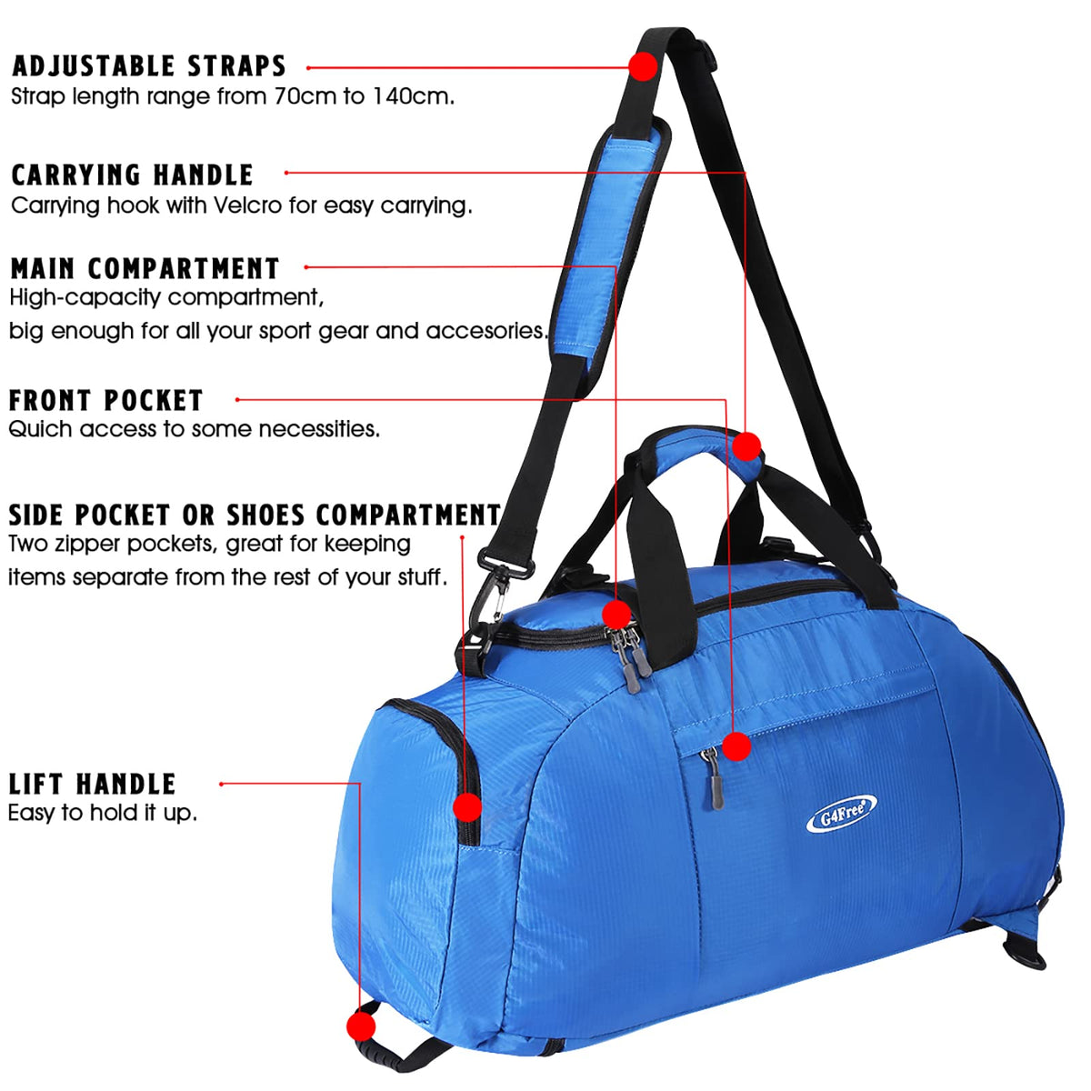 G4Free G4Free 40L 3-Way Duffle Bag Backpack Gym Bag