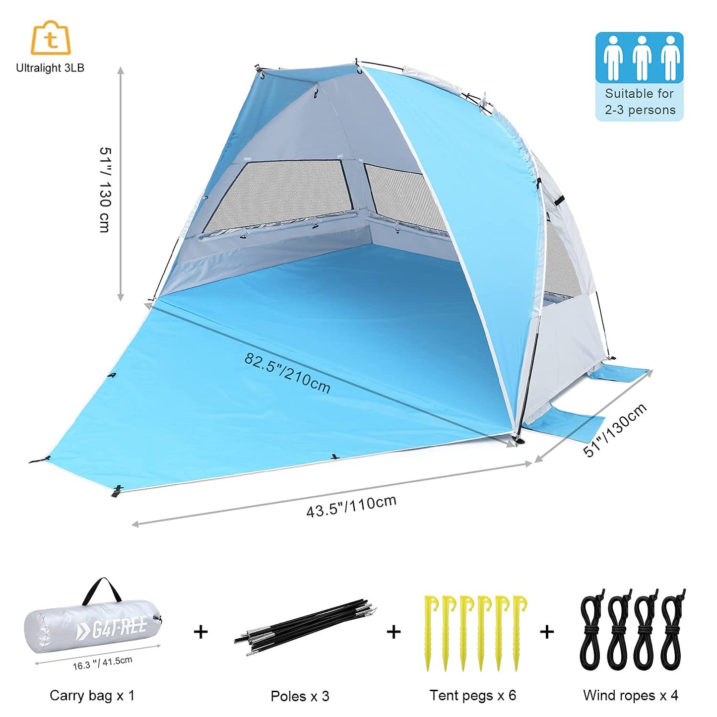 G4Free Large Pop up Beach Tent for 3-4 Person