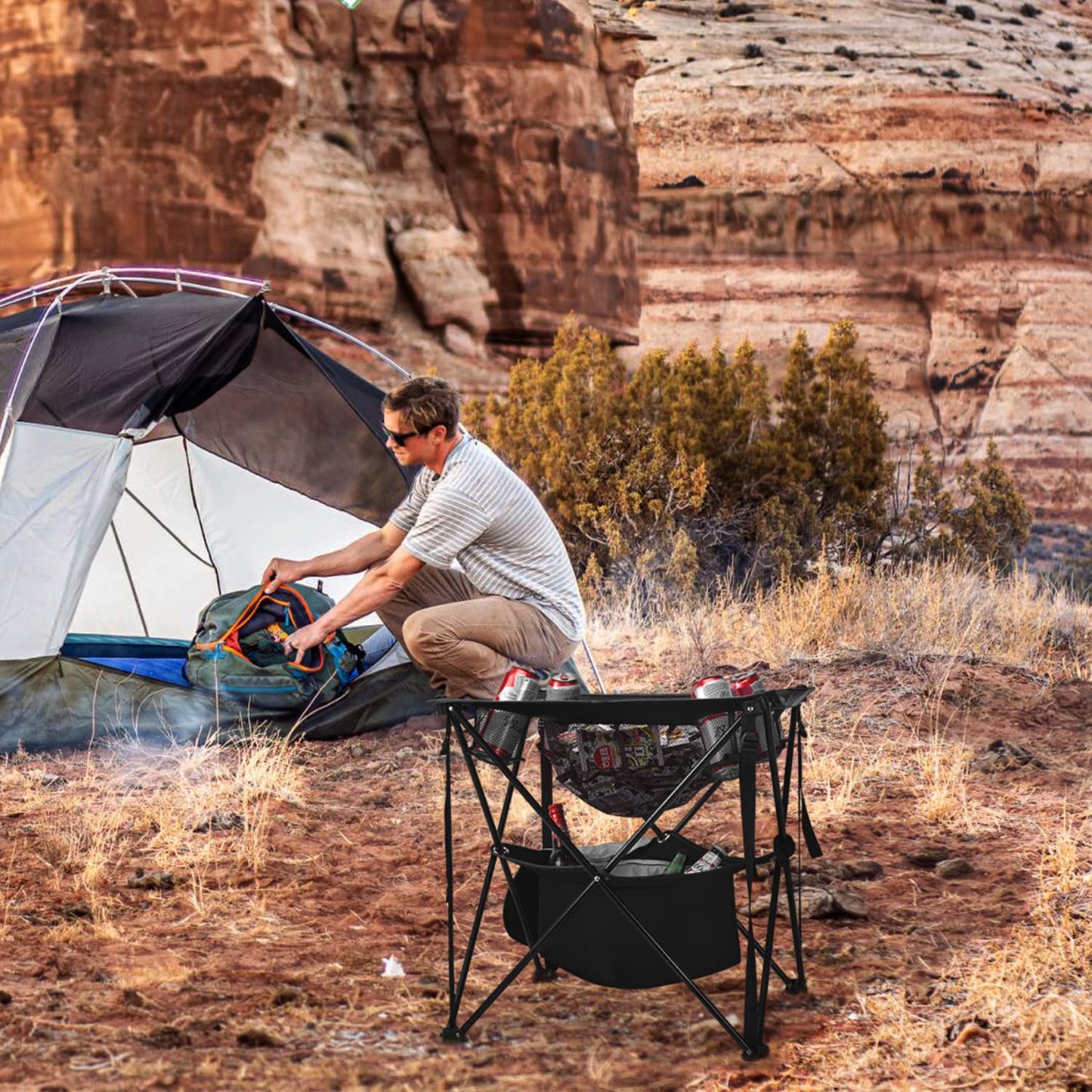 G4Free Canvas Camping Tables Portable Tailgate Table with 4 Drink Holders and Storage Bag