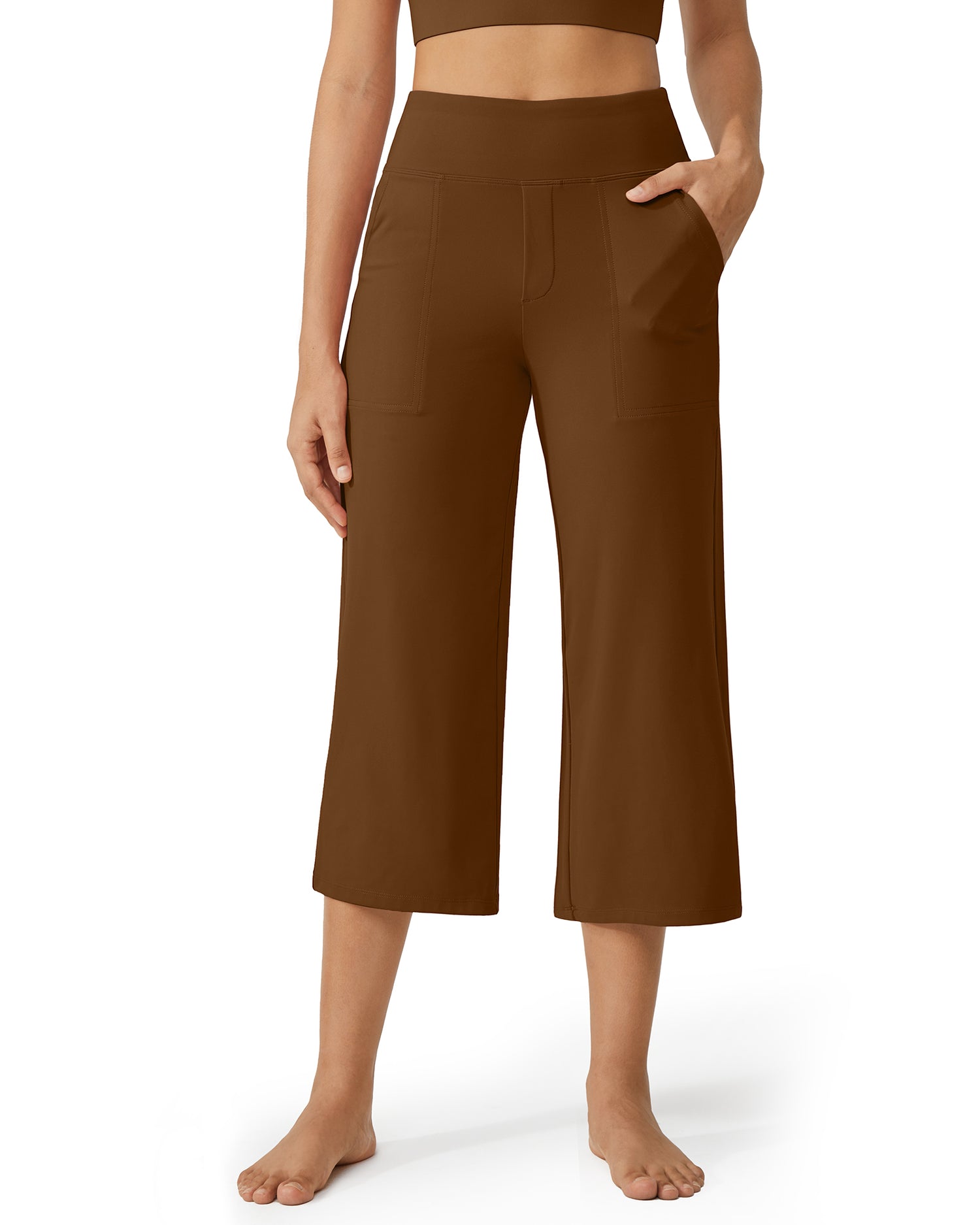 Wide Leg High Waist Multiple Pockets Casual Capri Pants