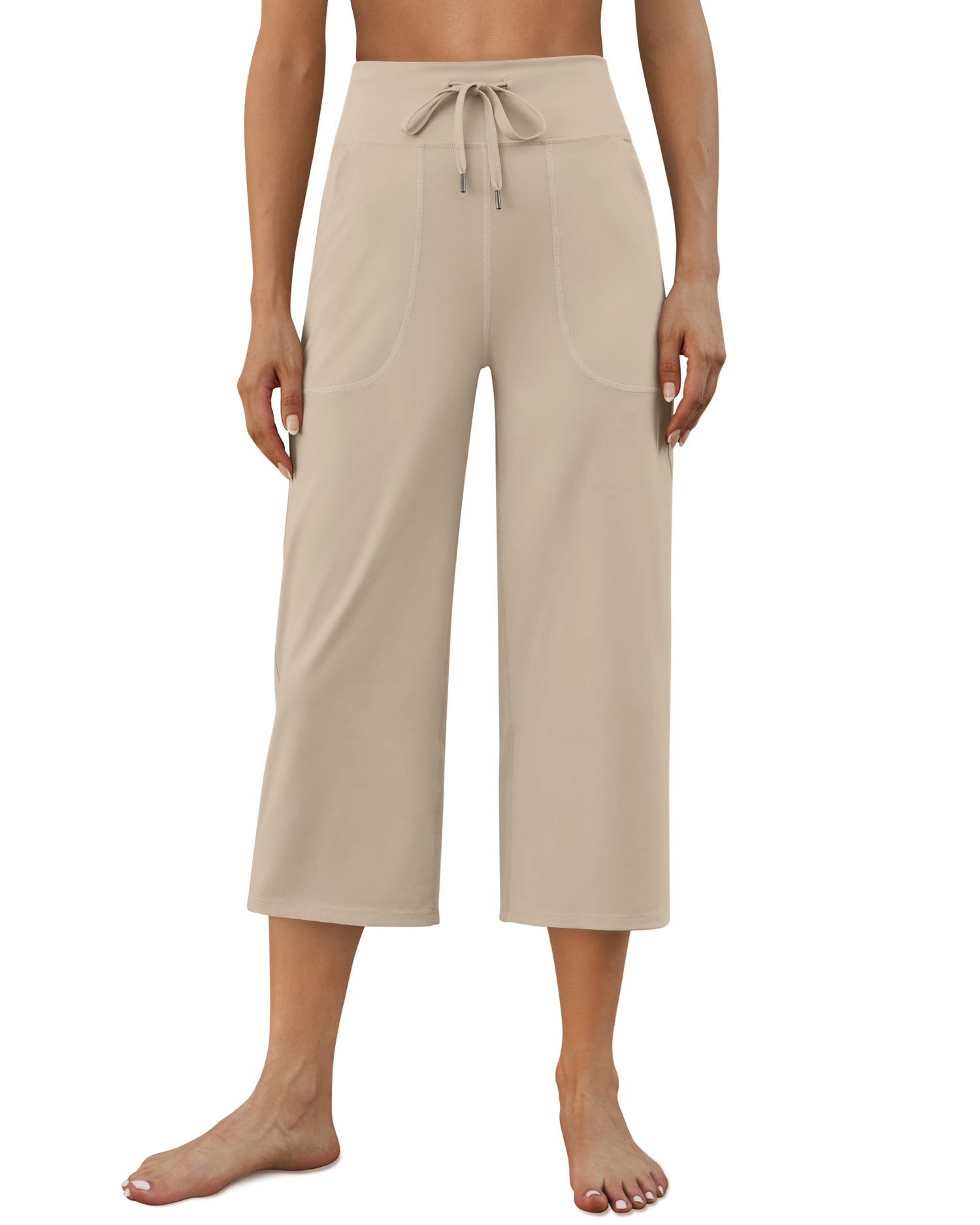 G4Free Activewear Wide Leg High-Rise Drawstring Capris Pants 