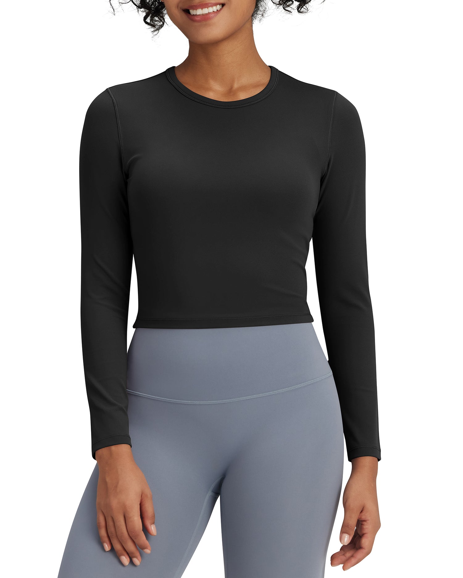 BareFeel Slim High Crew Neck Long Sleeve Workout Cropped Tops