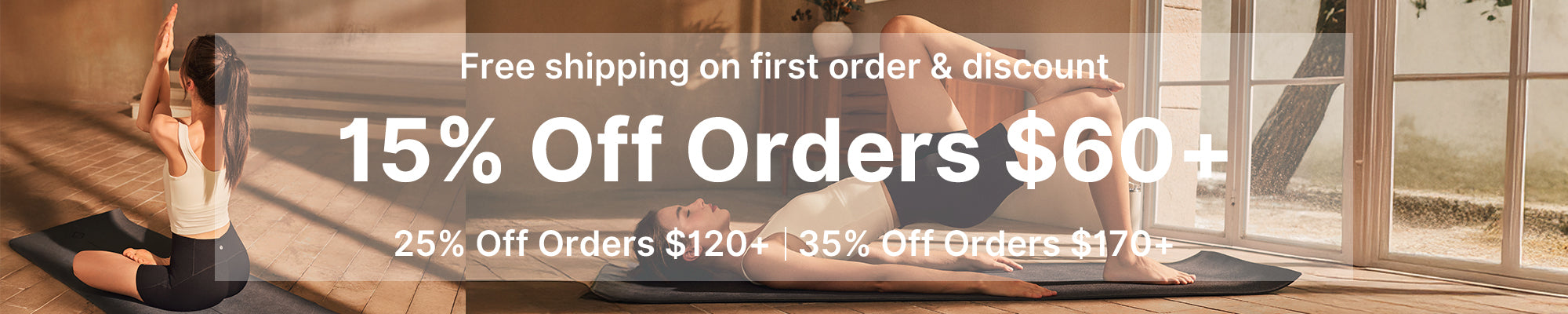Woman practicing yoga with promotional text overlay on a blurred background