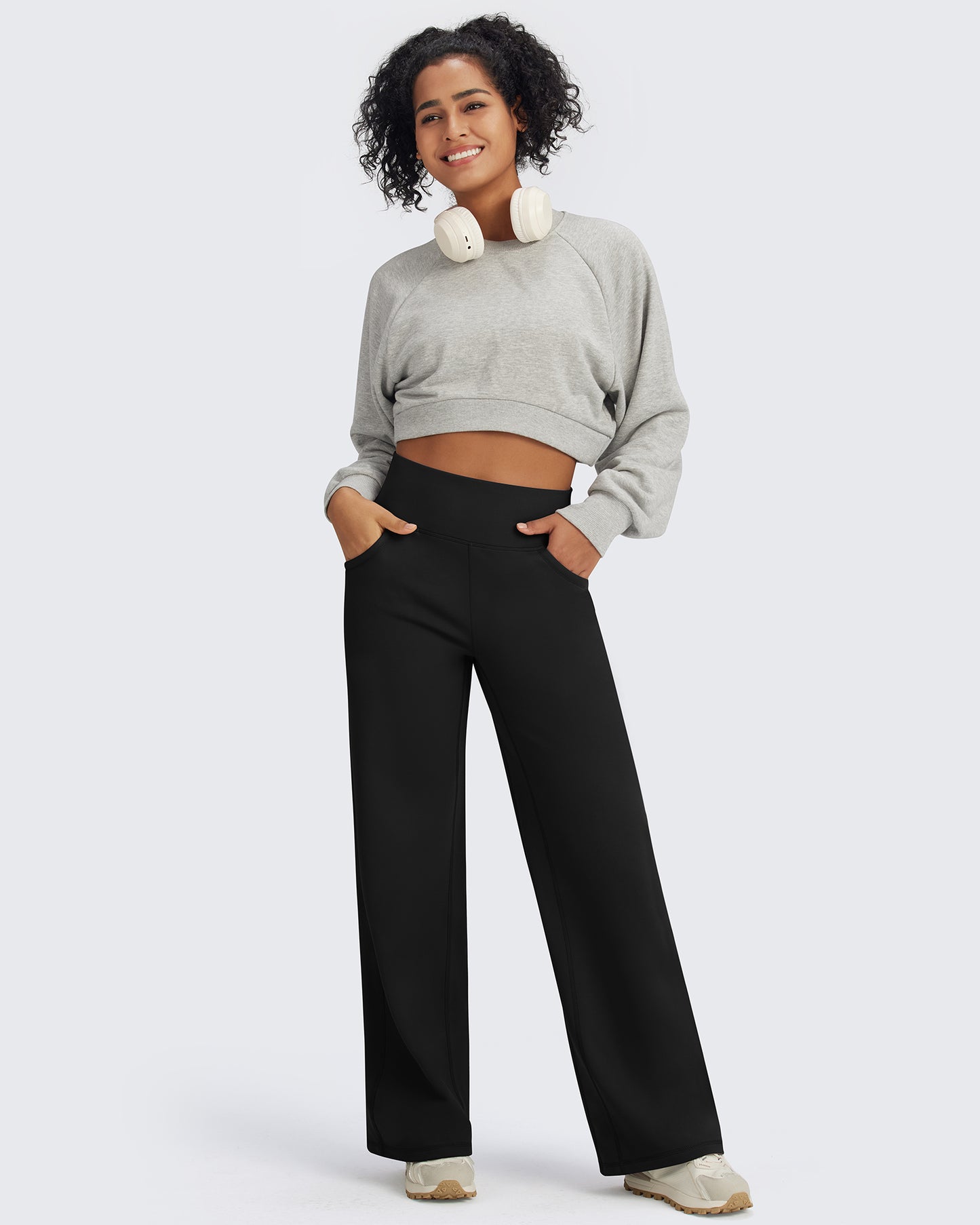 Fleece Lined High Waisted Casual Wide Leg Pants with Pockets 31"