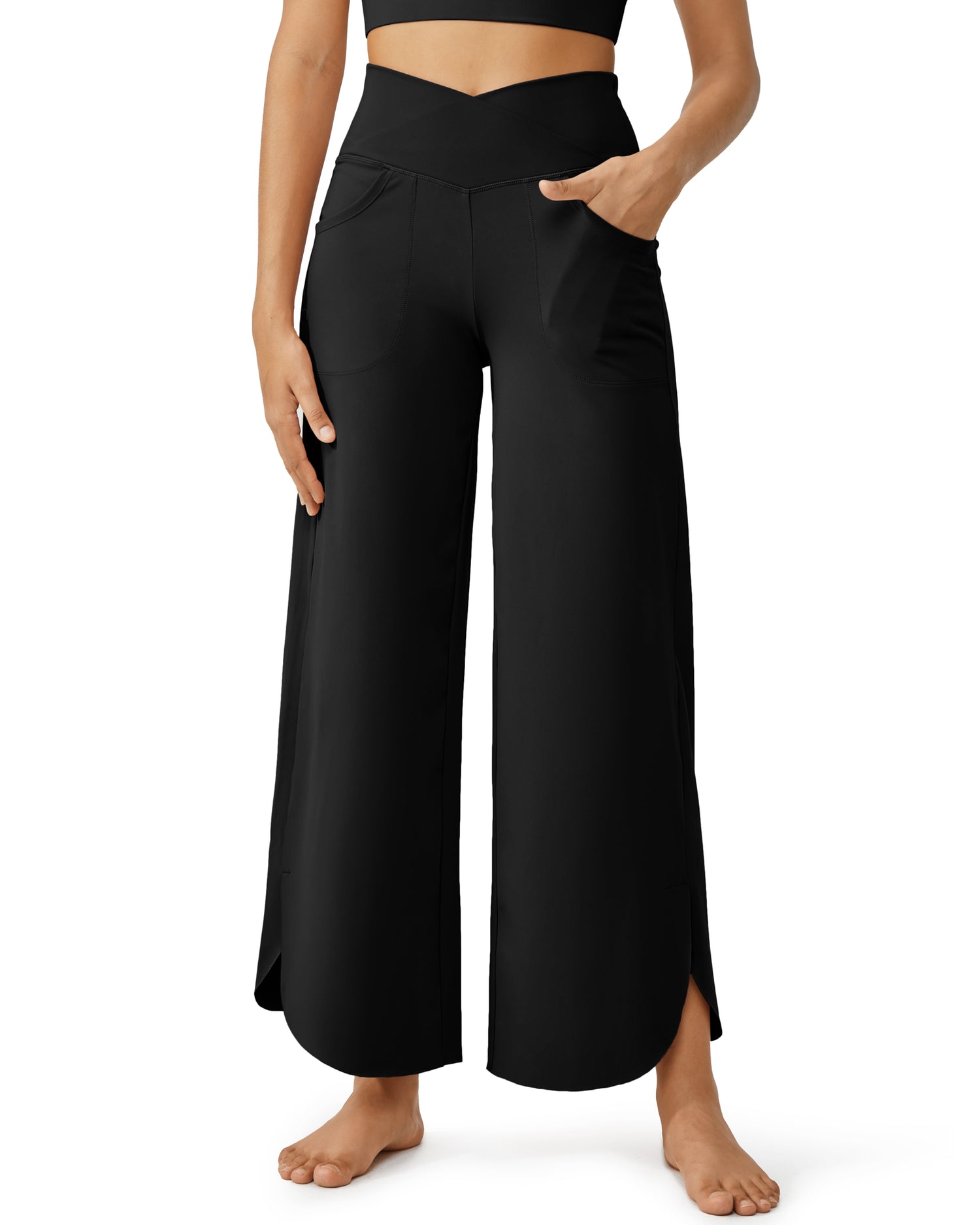 Wide Leg Cross High Waist Pockets Casual Capri Pants 29''