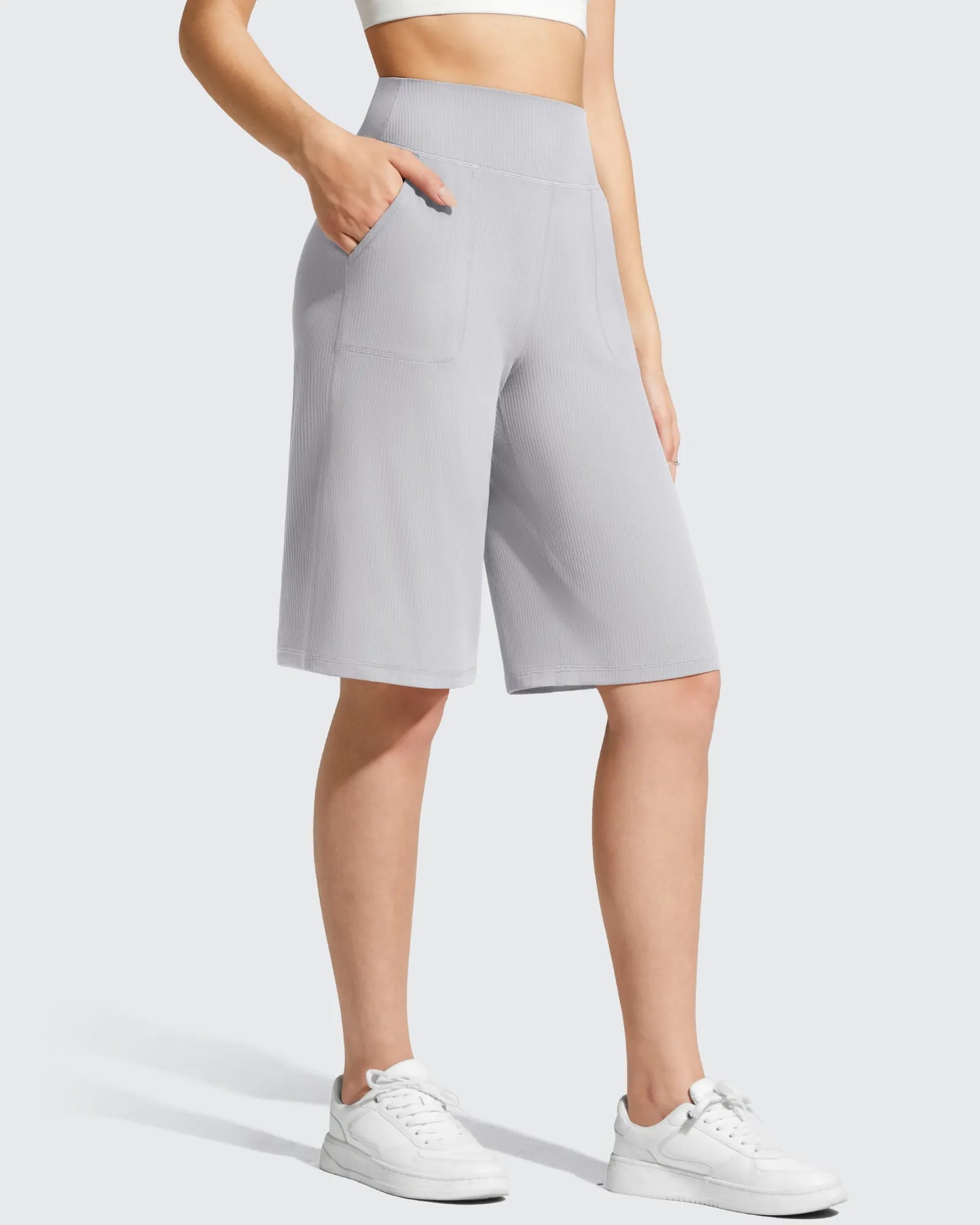 Ribbed Bermuda High-Waist Knee Length Shorts 11''