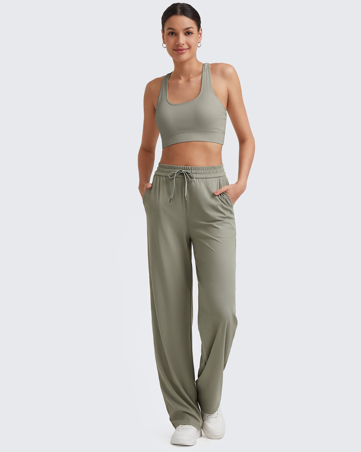 G4Free Activewear Ribbed High-Rise Drawstring Casual Pants 