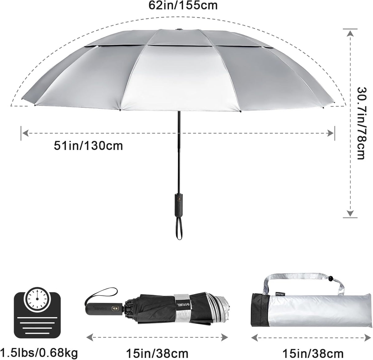 G4Free G4Free 42/46/54/62 Inch 10 Ribs Windproof for Rain Double Canopy Auto Umbrella 