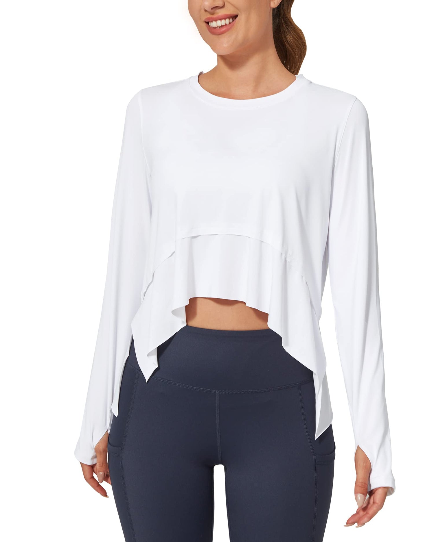 Loose Scoop Neck Ruffle Long Sleeve Workout Shirts